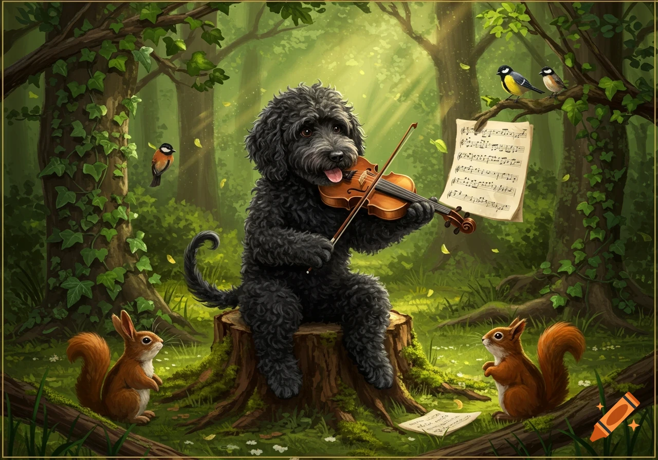 A black labradoodle plays a violin on a tree stump in a lush forest, observed by squirrels and birds.