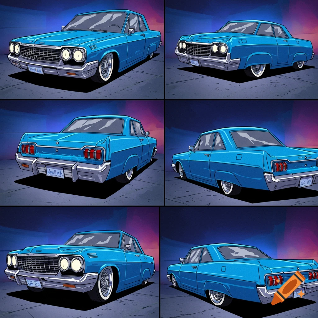 Six animated panels showing a blue lowrider car from various angles, including front, back, and side views, on a dark ground with a blue-purple background.