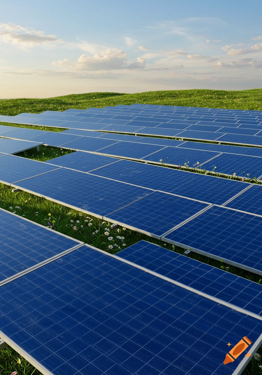 Solar panels in a vibrant green field under a partly cloudy blue sky, with wildflowers scattered in the grass.