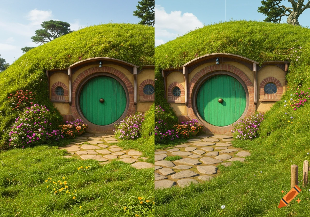 A split image of a Hobbit hole. The left side shows a vibrant, grassy hill with a round green door, flowers, and a stone path. The right side shows a similar view, also with a green door, stone path, and grassy hill.