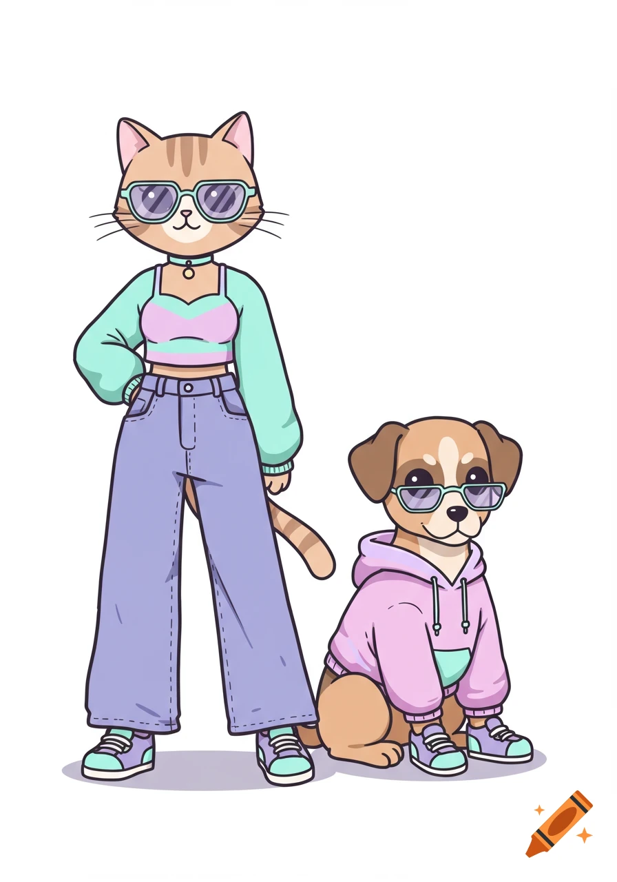 A flat vector illustration of a retro-futuristic cat and dog wearing Y2K-inspired clothing.