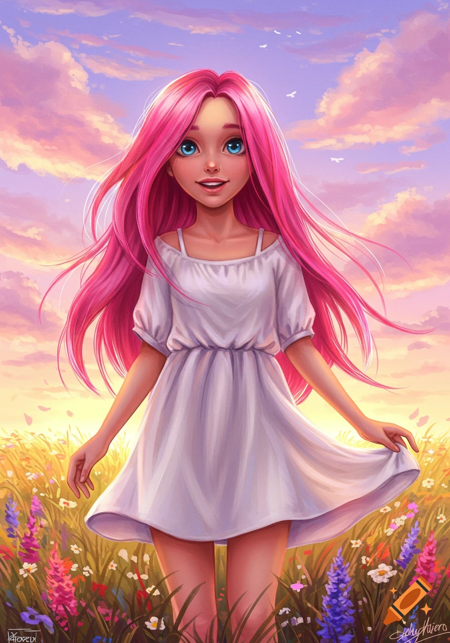 A happy girl with long pink hair and blue eyes wears a white dress in a field of colorful wildflowers at sunset, in an anime illustration style.