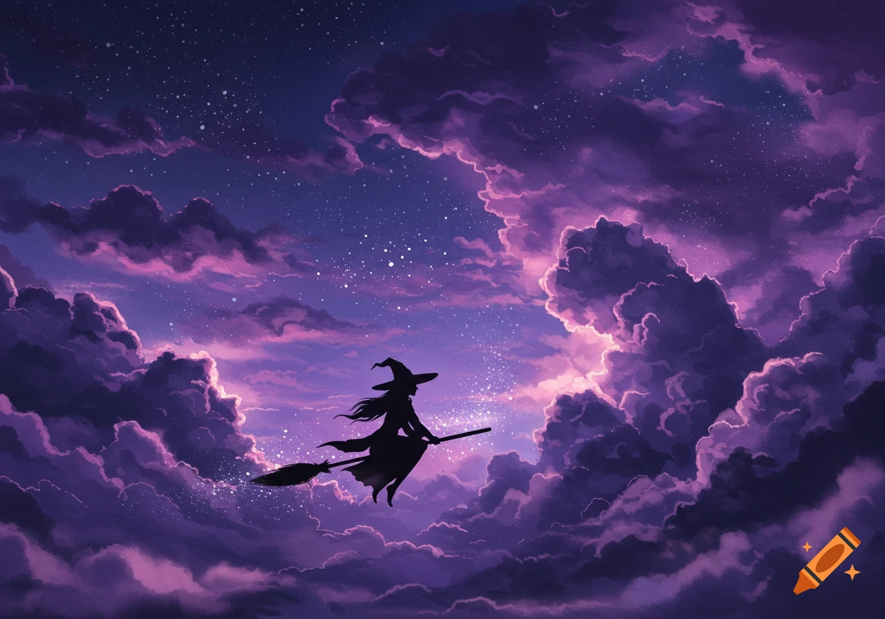A silhouetted witch flies on a broomstick across a vibrant purple and blue cloudy, starry night sky.