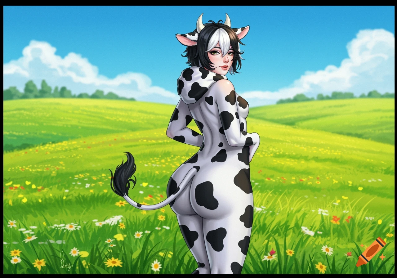 An anime character in a black and white cow costume with horns, ears, and a tail, looking over their shoulder in a green meadow.