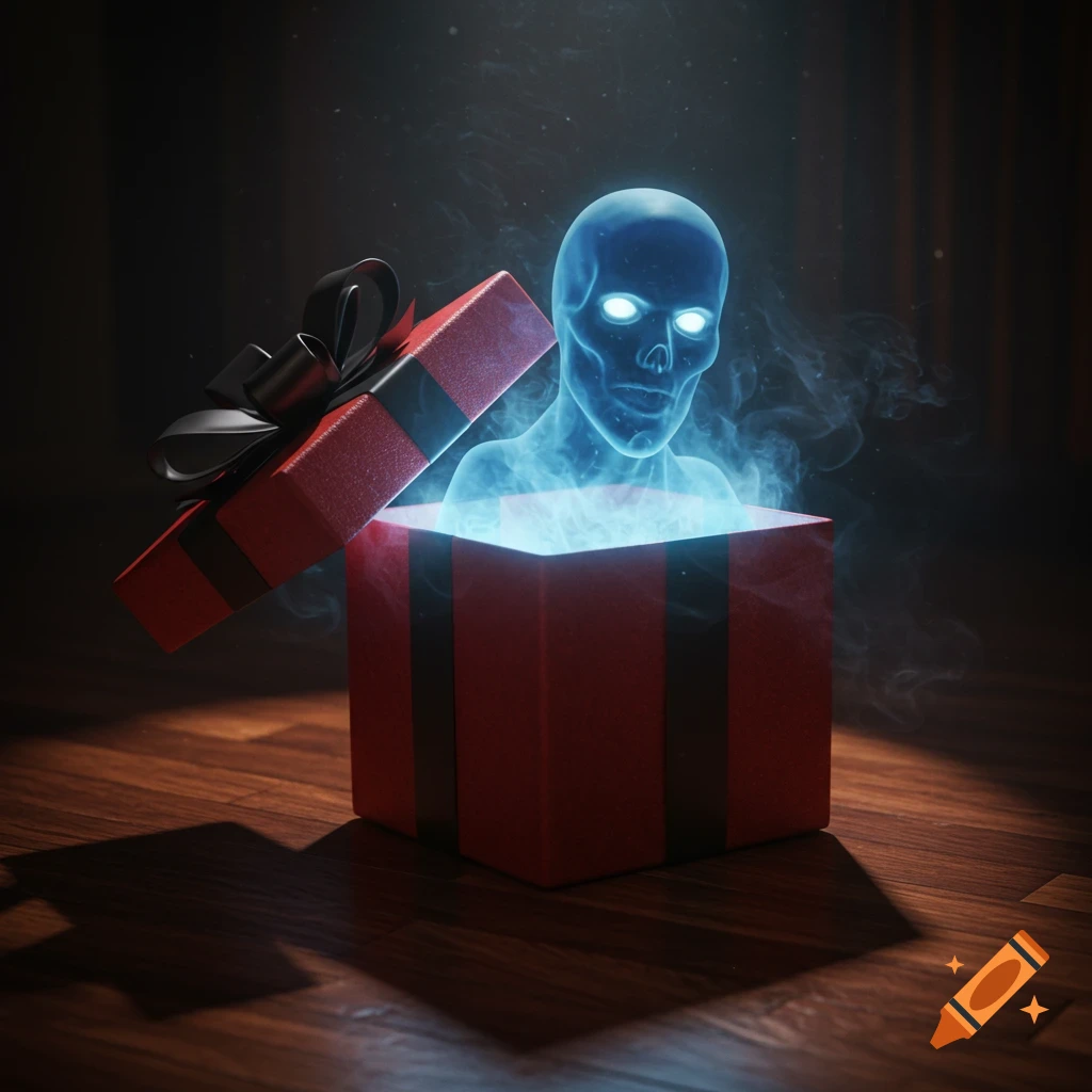 A glowing blue ghoul with bright eyes emerges from an open red gift box in a dark room with a wooden floor, surrounded by wisps of smoke.