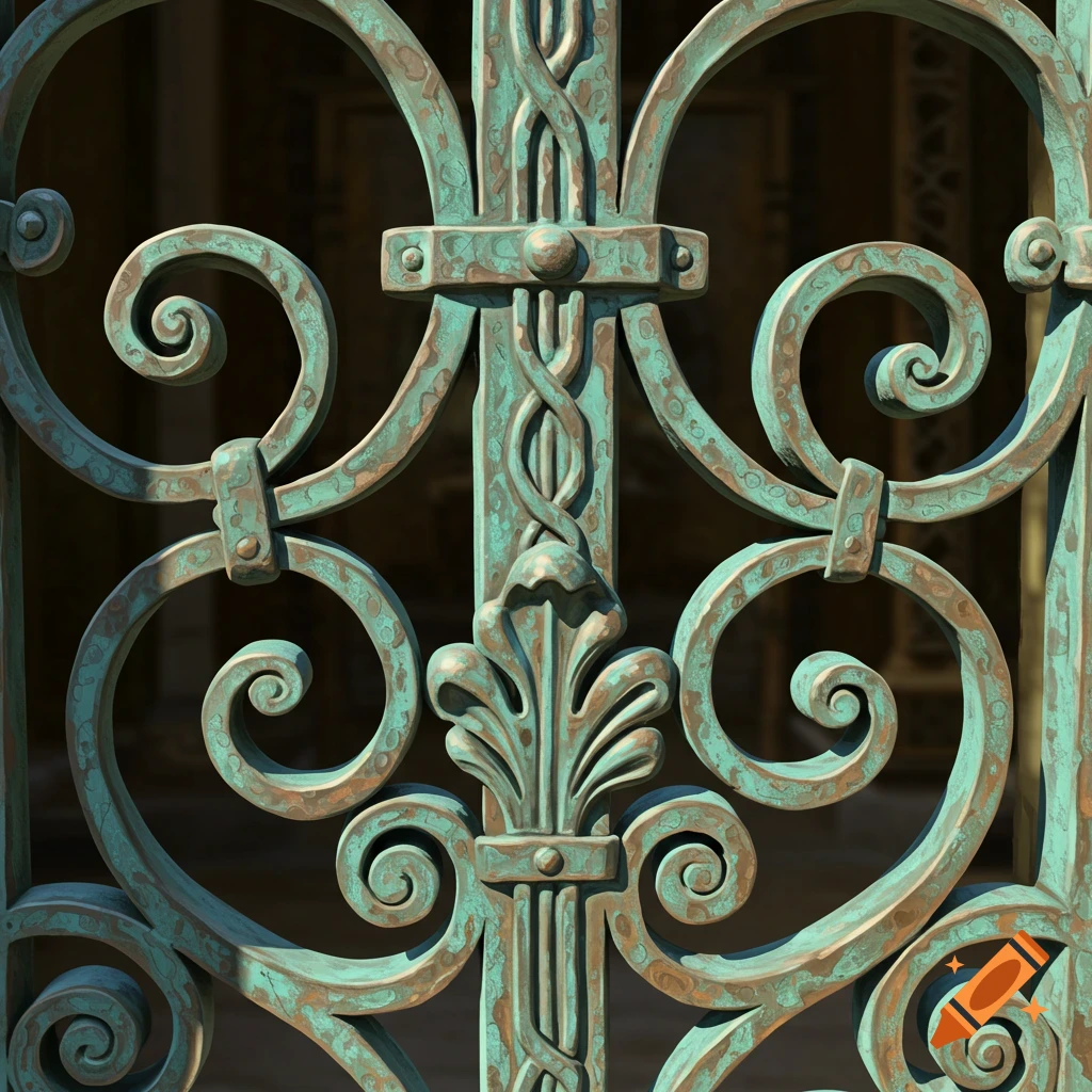 Close-up of an ornate, verdigris-patinated metal gate or fence with intricate scrolls and leaf-like designs.