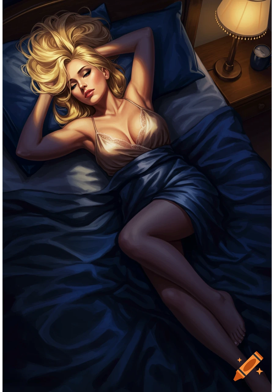 Digital painting of a blonde woman with an hourglass figure lying in bed at night, seen from above.