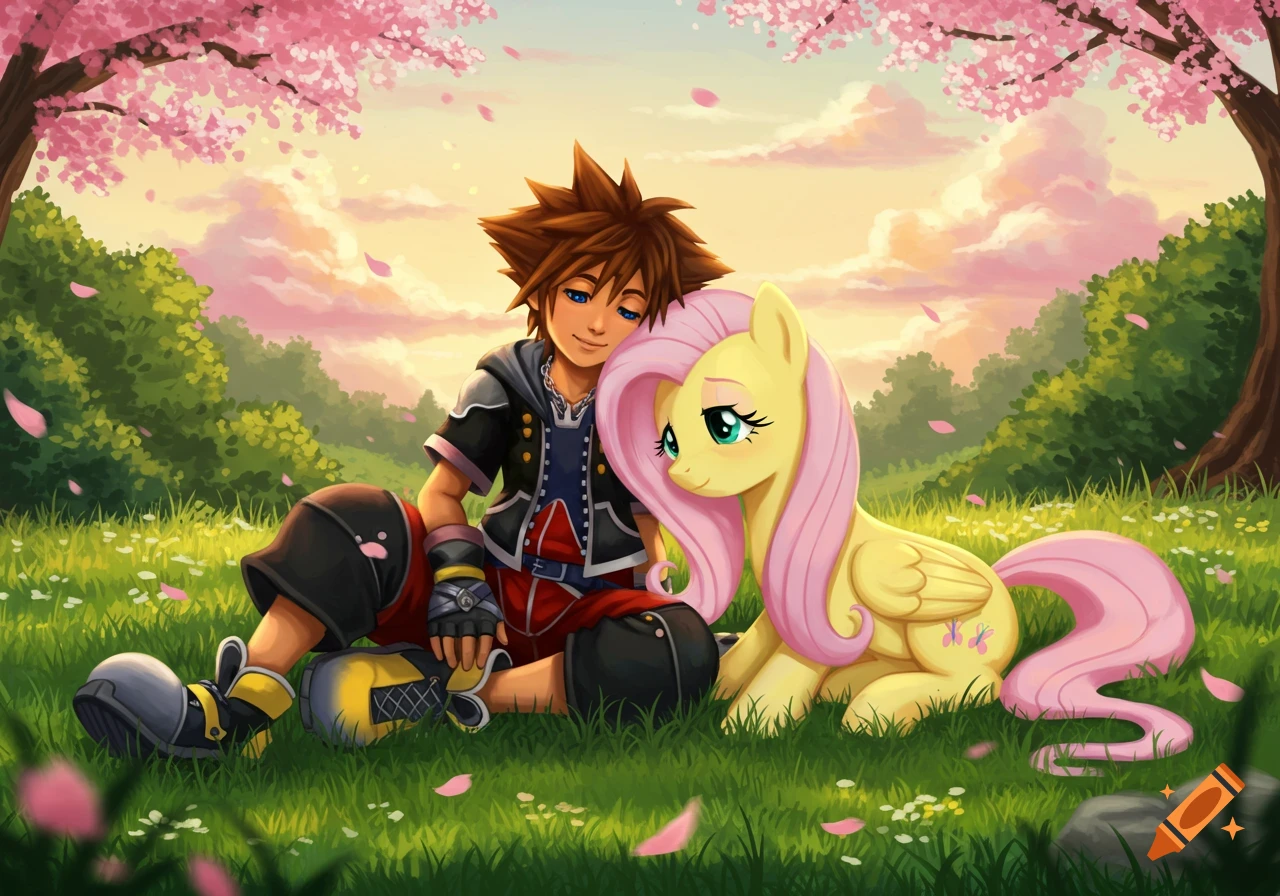 Sora from Kingdom Hearts cuddles Fluttershy from My Little Pony in a field with cherry blossoms.