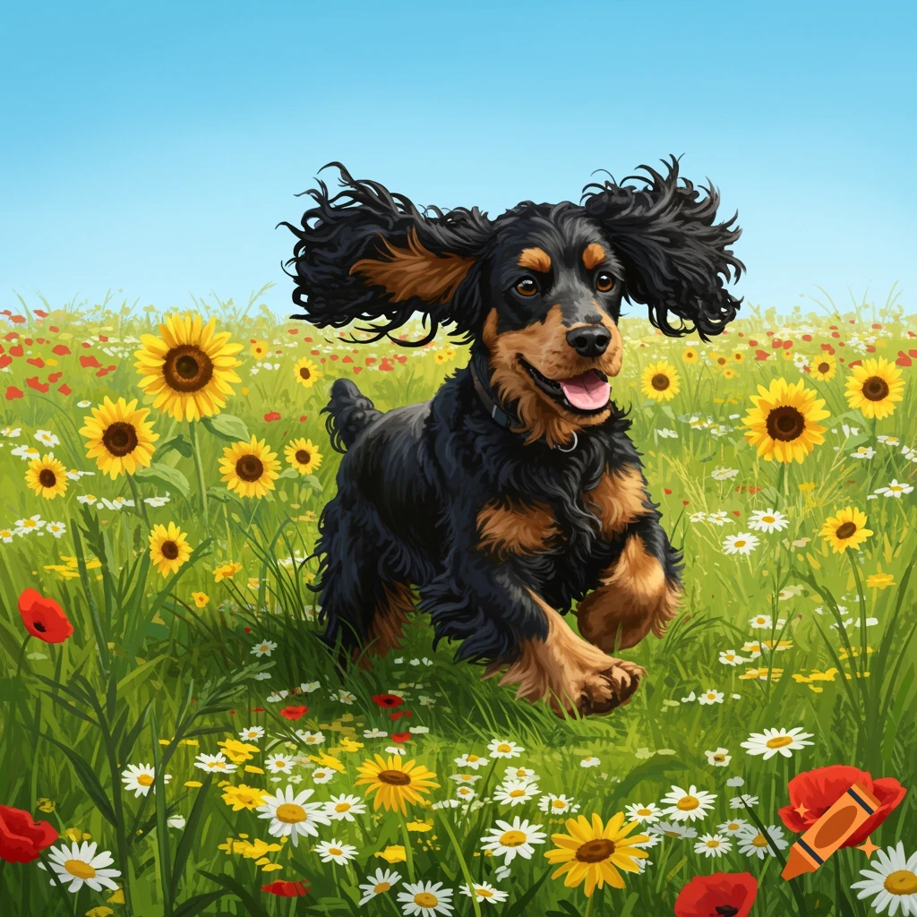 A black and tan cocker spaniel joyfully running through a vibrant wildflower field with sunflowers and daisies.