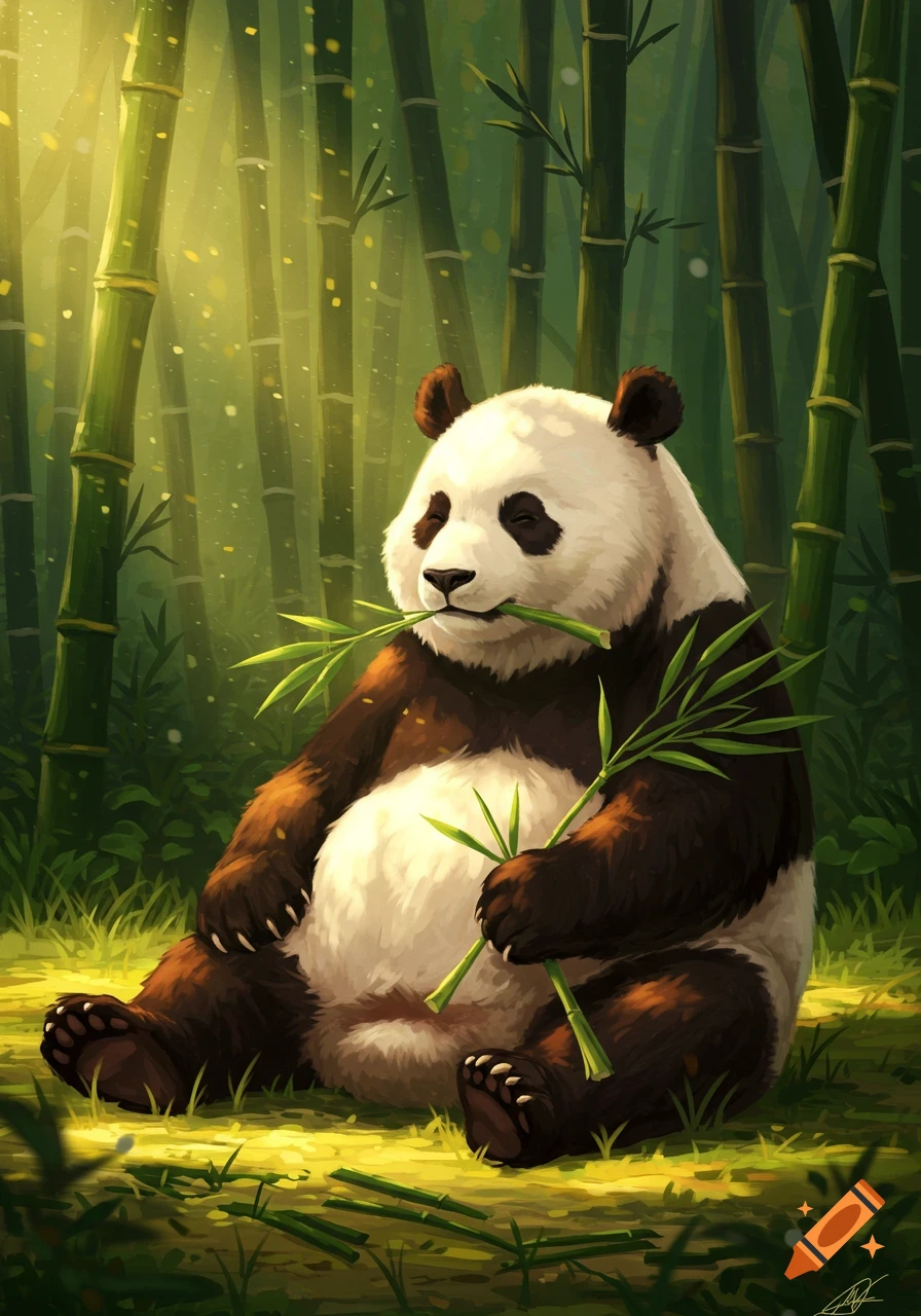 An illustrative image of a large panda sitting in a sunlit bamboo forest, happily munching on bamboo stalks.