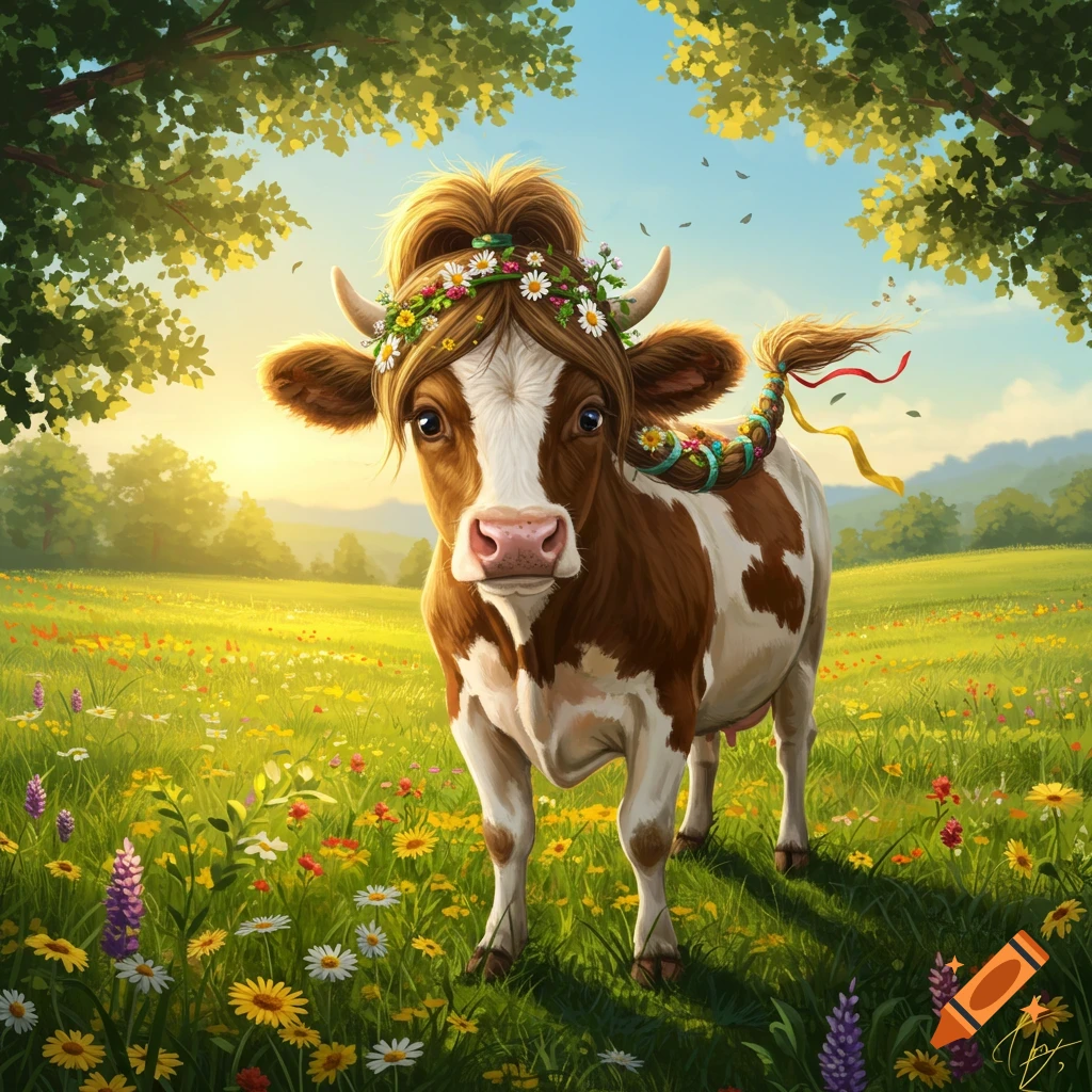 A cartoon-style brown and white cow with a ponytail and flower crown stands in a sunny wildflower field.
