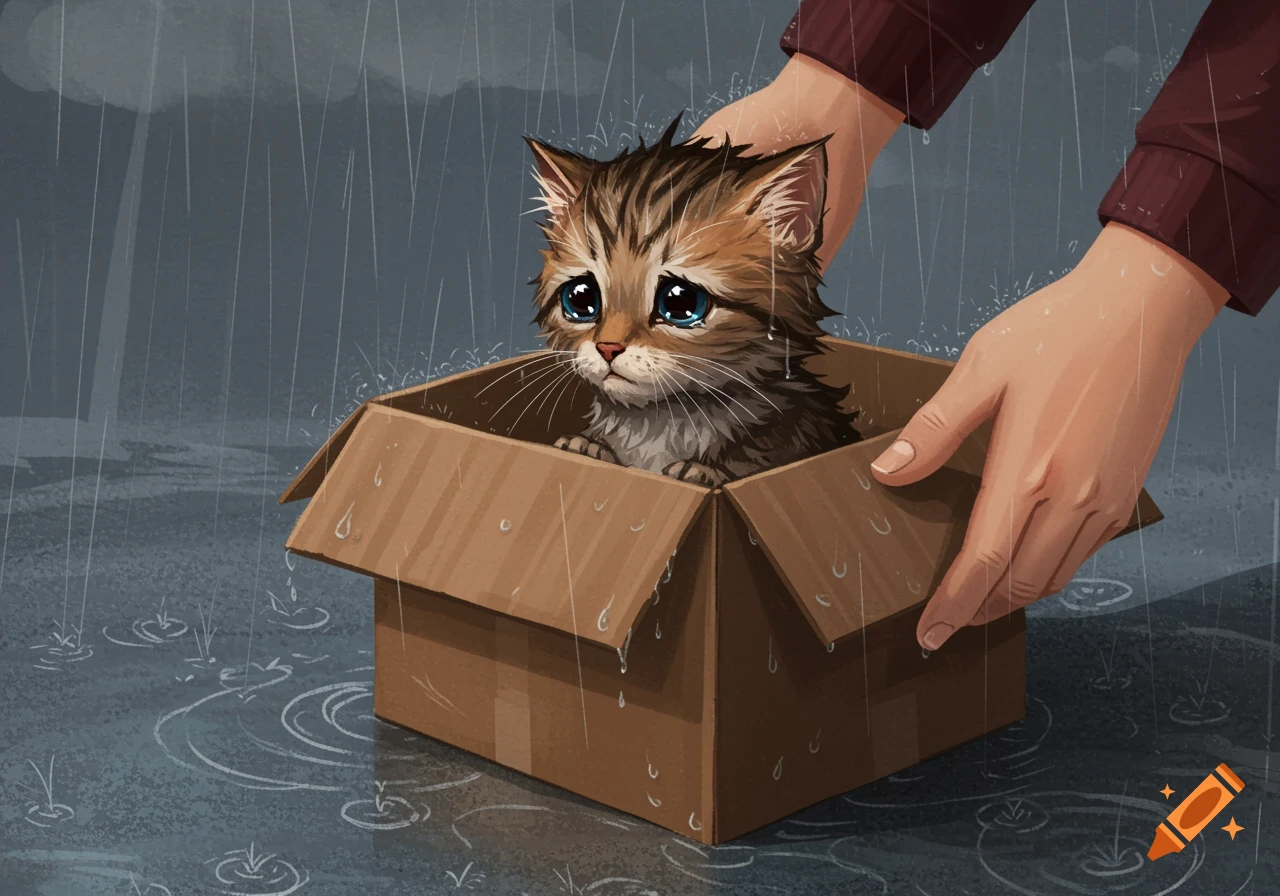 A sad, wet tabby kitten with big eyes sits in a cardboard box, being rescued by hands in the rain. Illustration.