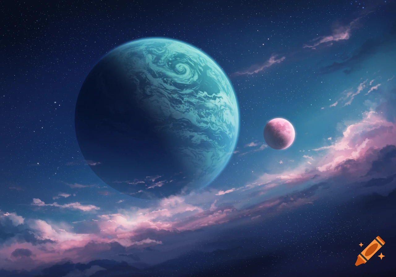 A vibrant blue-green planet and a smaller pink moon against a star-filled night sky with pink and purple clouds.