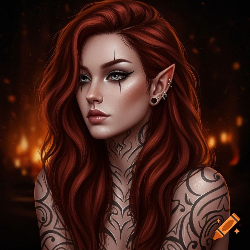 Digital painting of a pale, red-haired elf woman with grey eyes, pointed ears, and intricate tribal tattoos on her neck and shoulders.