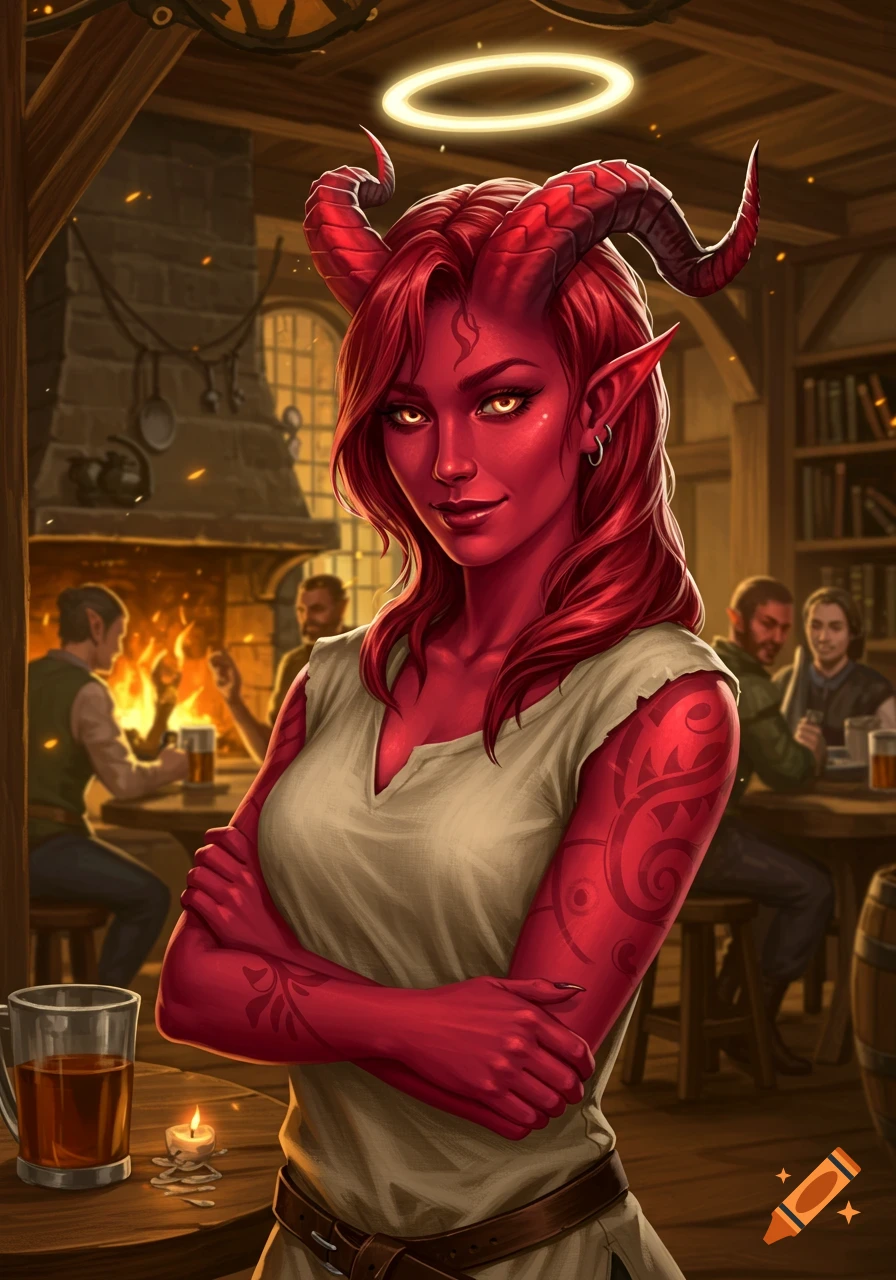 A beautiful crimson-skinned Tiefling woman with horns and a halo, wearing a simple tunic and arms crossed, stands in a dimly lit fantasy tavern in a detailed painting style.