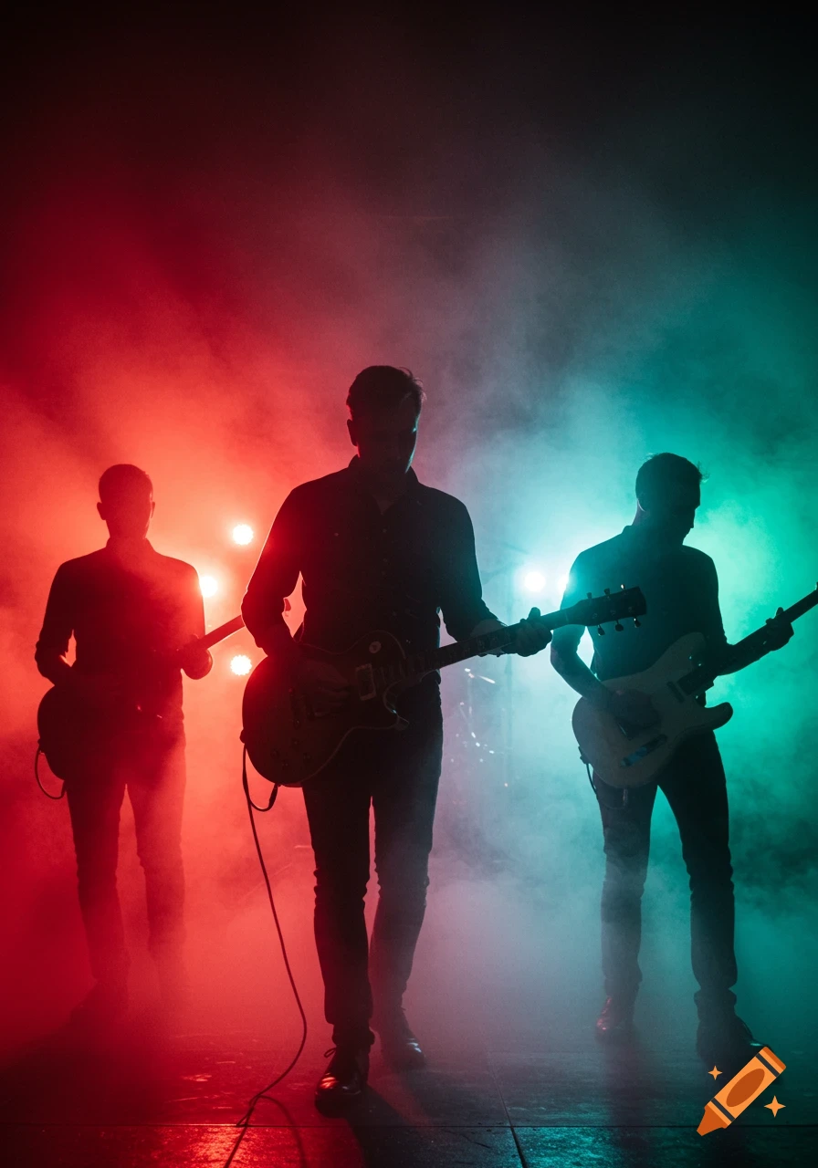 Three silhouette men playing electric guitars on a smoky stage illuminated by vibrant red and green lights.