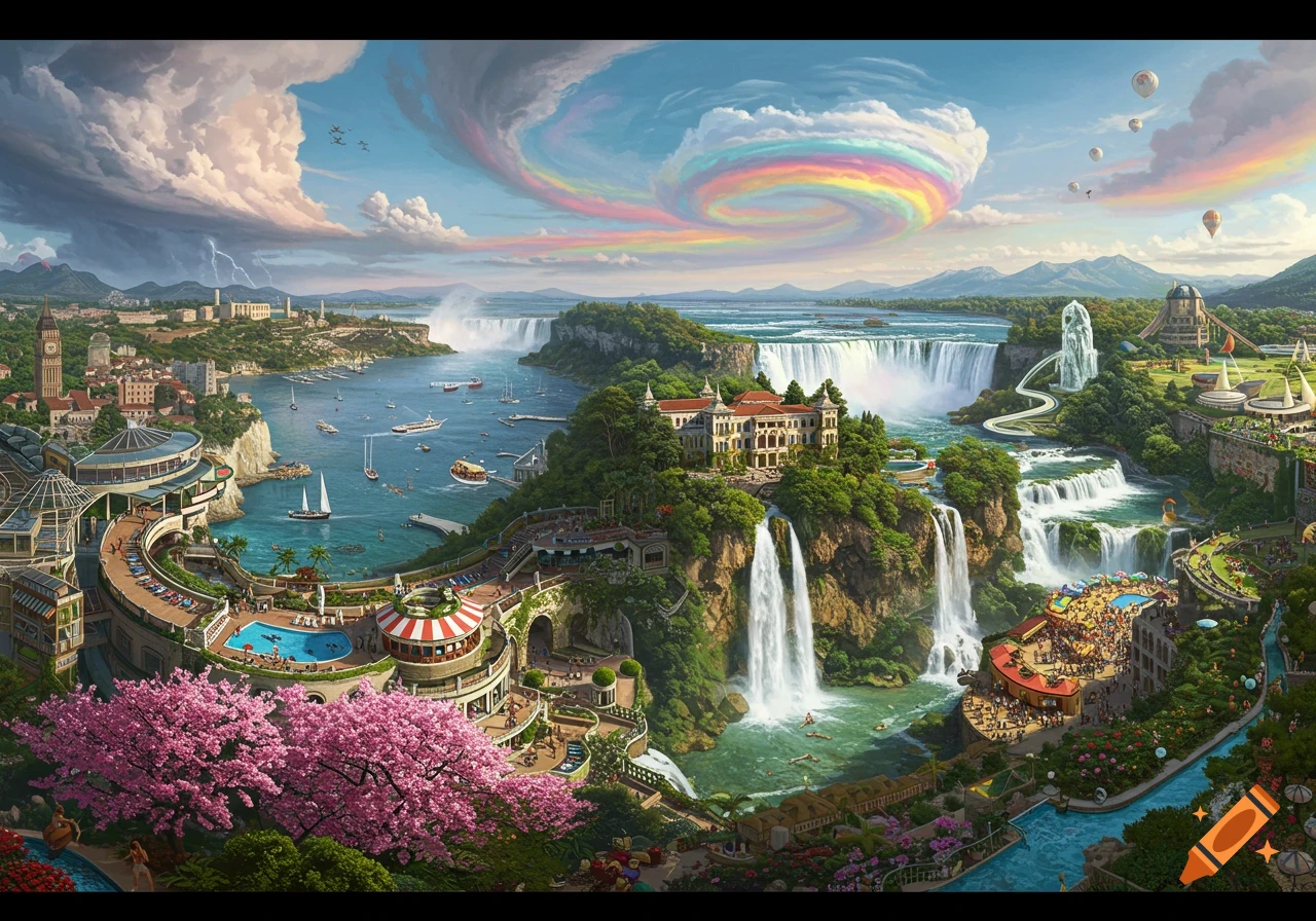 A vibrant, fantastical landscape featuring a sprawling city, majestic waterfalls, a grand palace, boats in a bay, and a rainbow swirling in the sky.