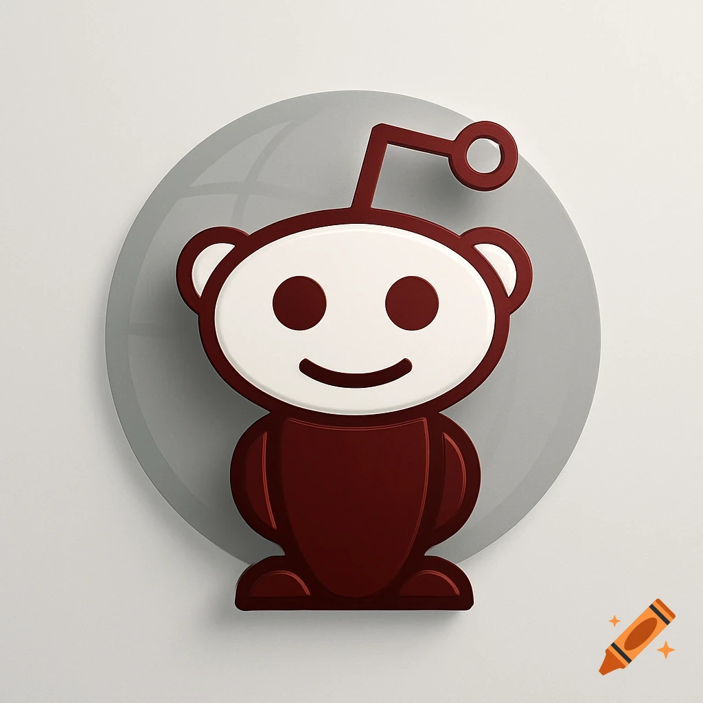 A 3D rendering of the Reddit Snoo icon, in white and deep red, on a gray circular background.