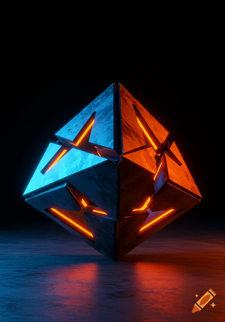 A dark, geometric shape glowing with neon blue and orange light, casting reflections on a dark surface.