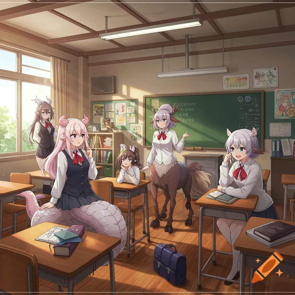 Anime-style monster girls, including a naga-like girl and a centaur girl, in a classroom setting with other students.