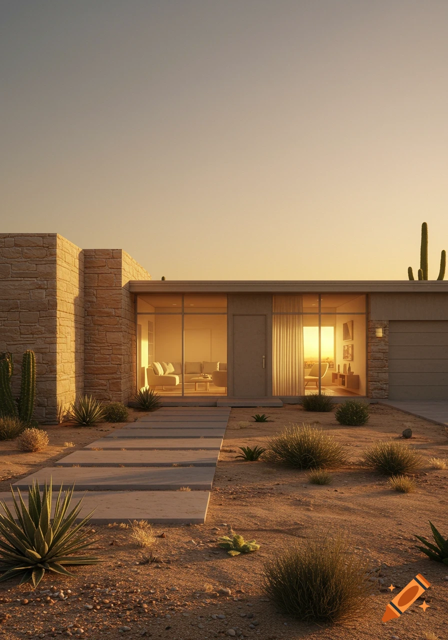 A photorealistic mid-century modern house with large windows in a desert landscape during sunset.
