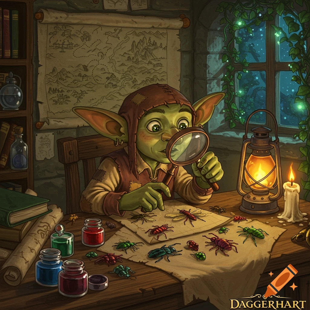 A cute green goblin in a hooded tunic examines colorful bugs with a magnifying glass on a desk filled with ink, scrolls, and a map, lit by a lantern and candlelight, in a cozy room at night.