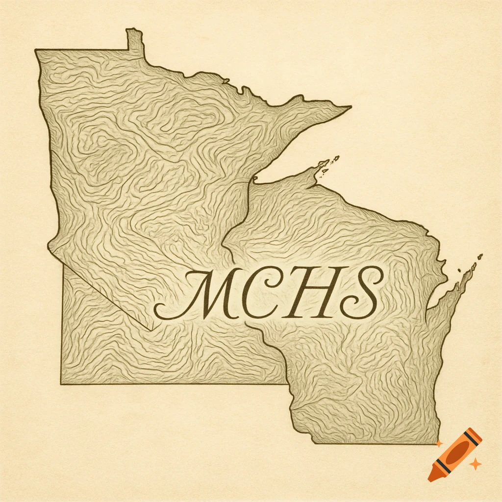 An old-style map illustration showing the outlines of Minnesota and Wisconsin, with the letters 'MCHS' in a stylized font over their border.