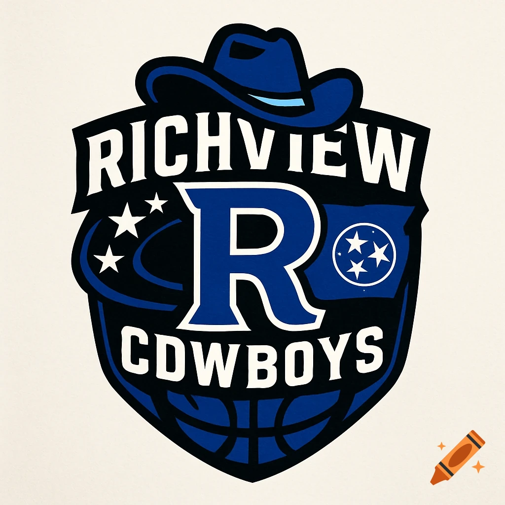 A basketball team logo featuring a blue cowboy hat, a large blue 'R', and the words 'RICHVIEW' and 'COWBOYS' in white. Stars and a Tennessee tri-star symbol are incorporated, all on a black and royal blue shield with a subtle basketball texture.