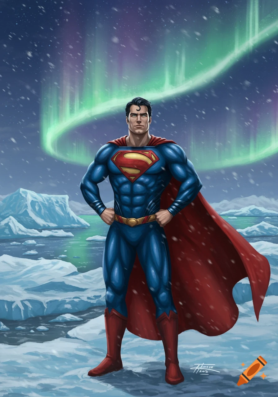 Superman stands confidently with hands on hips in an icy, snowy landscape under a vibrant green aurora borealis.