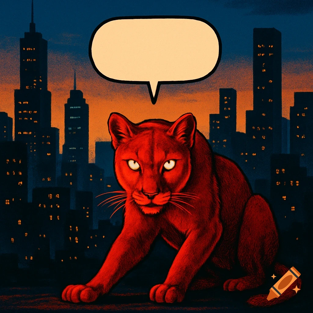 A red cougar with glowing eyes sits on a rooftop overlooking a dark cityscape with an empty speech bubble above its head, in a stylized illustration.