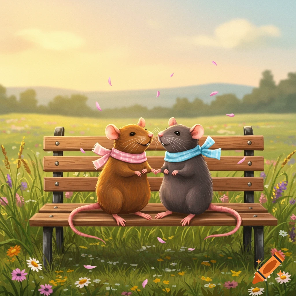 Two cute cartoon rats, one brown with a pink scarf and one grey with a blue scarf, sit on a park bench in a sunny field of wildflowers with pink petals falling.