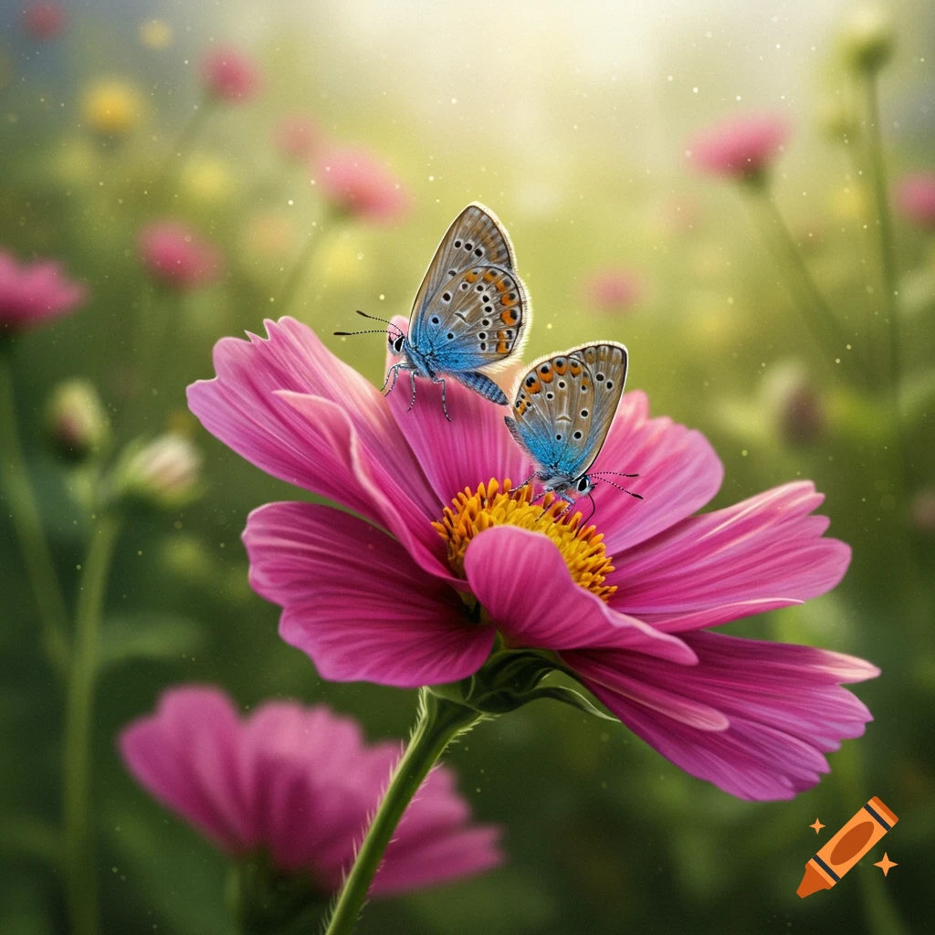 Two blue and brown butterflies rest on a vibrant pink cosmos flower in a sunlit garden, soft focus.