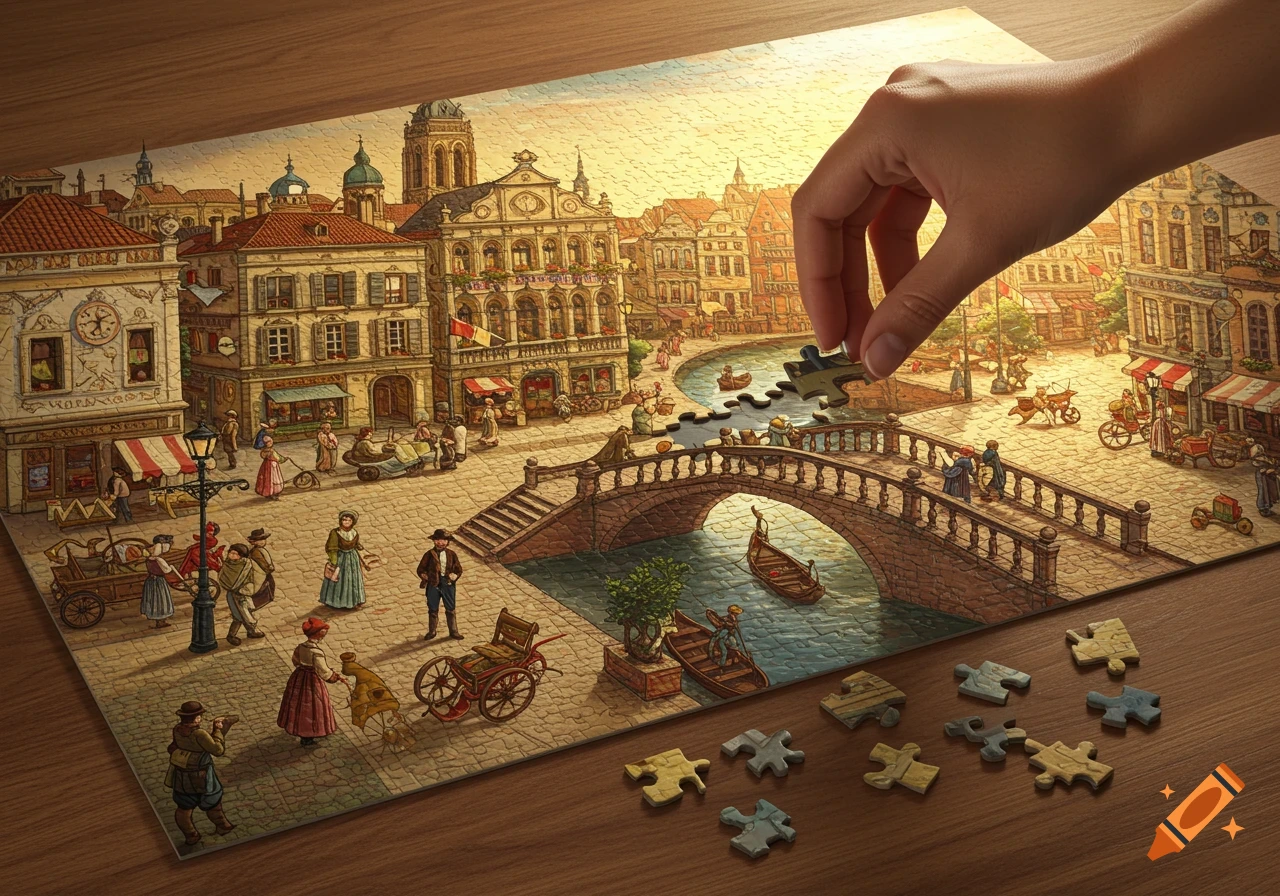 A realistic hand places a piece into an intricate illustration of a European city jigsaw puzzle on a wooden table.