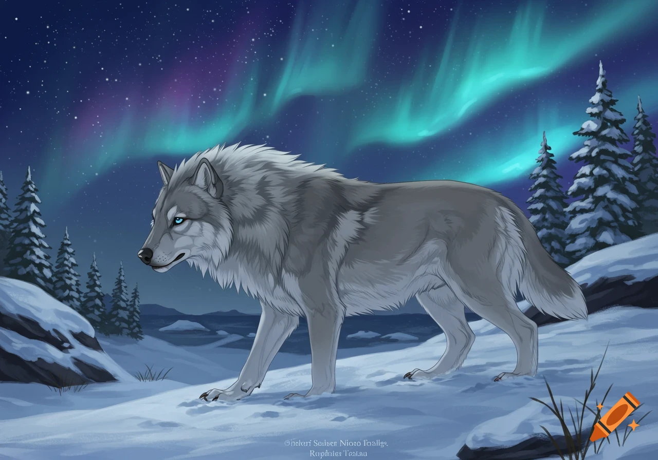A majestic gray wolf with piercing blue eyes walks through a snowy, moonlit landscape under a vibrant aurora borealis in a detailed digital art style.