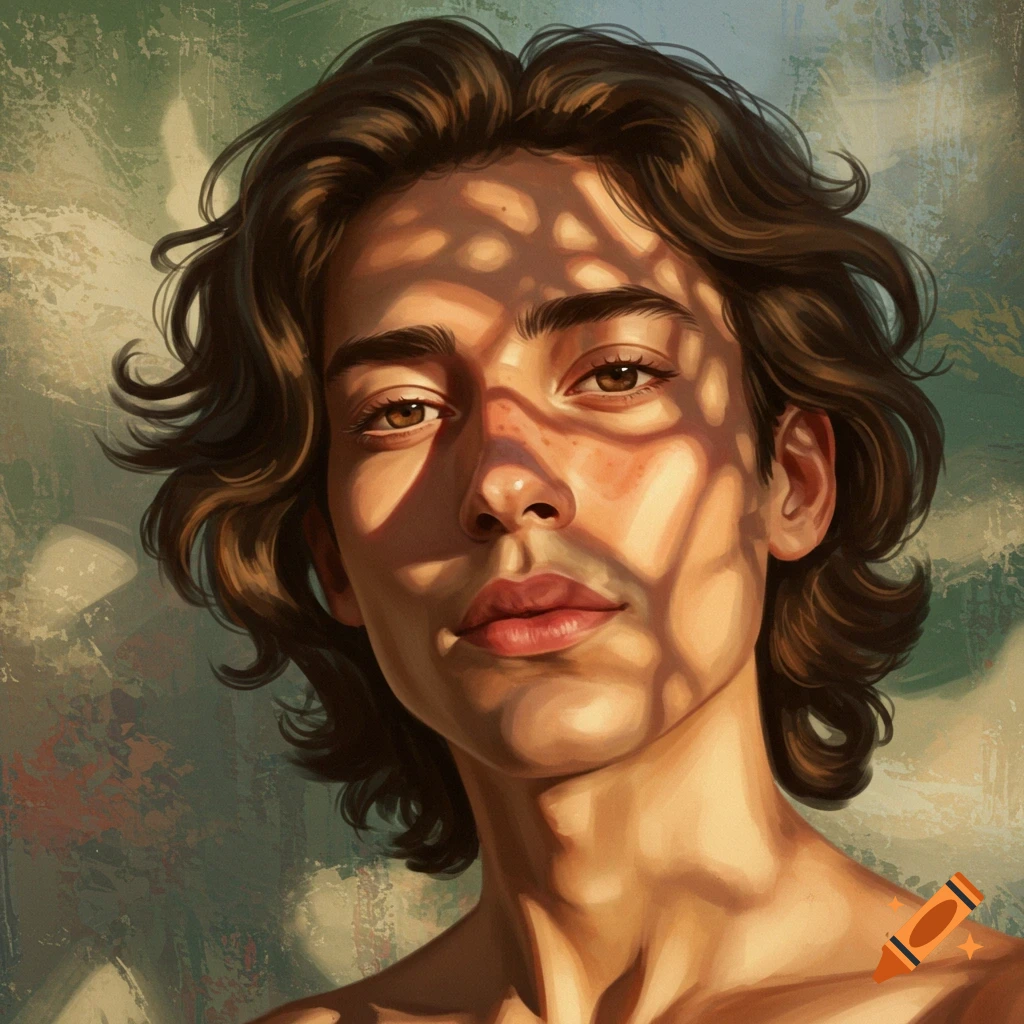Close-up artistic portrait of a person with wavy brown hair, lit by dappled sunlight and shadows.