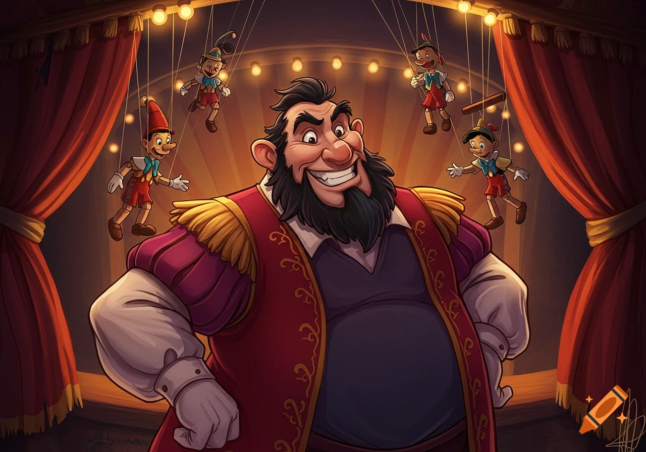Smiling cartoon Stromboli stands on a stage, controlling Pinocchio puppets with strings, in a vibrant, theatrical setting.