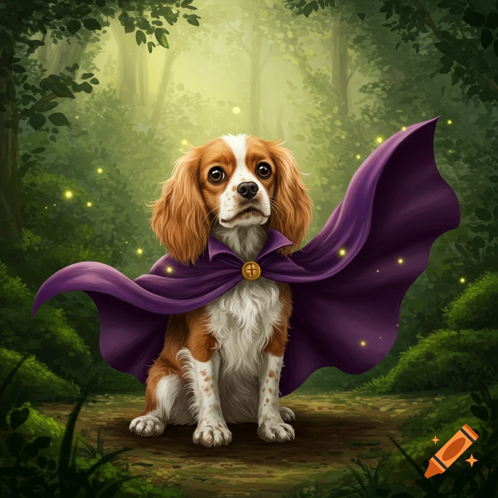 A cute Cavalier King Charles Spaniel dog wearing a purple superhero cape, sitting in a magical forest.