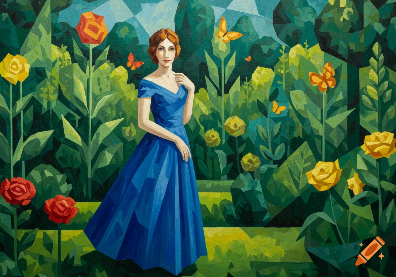 A cubist painting of a woman in a blue dress standing in a vibrant green garden with geometric flowers and orange butterflies.