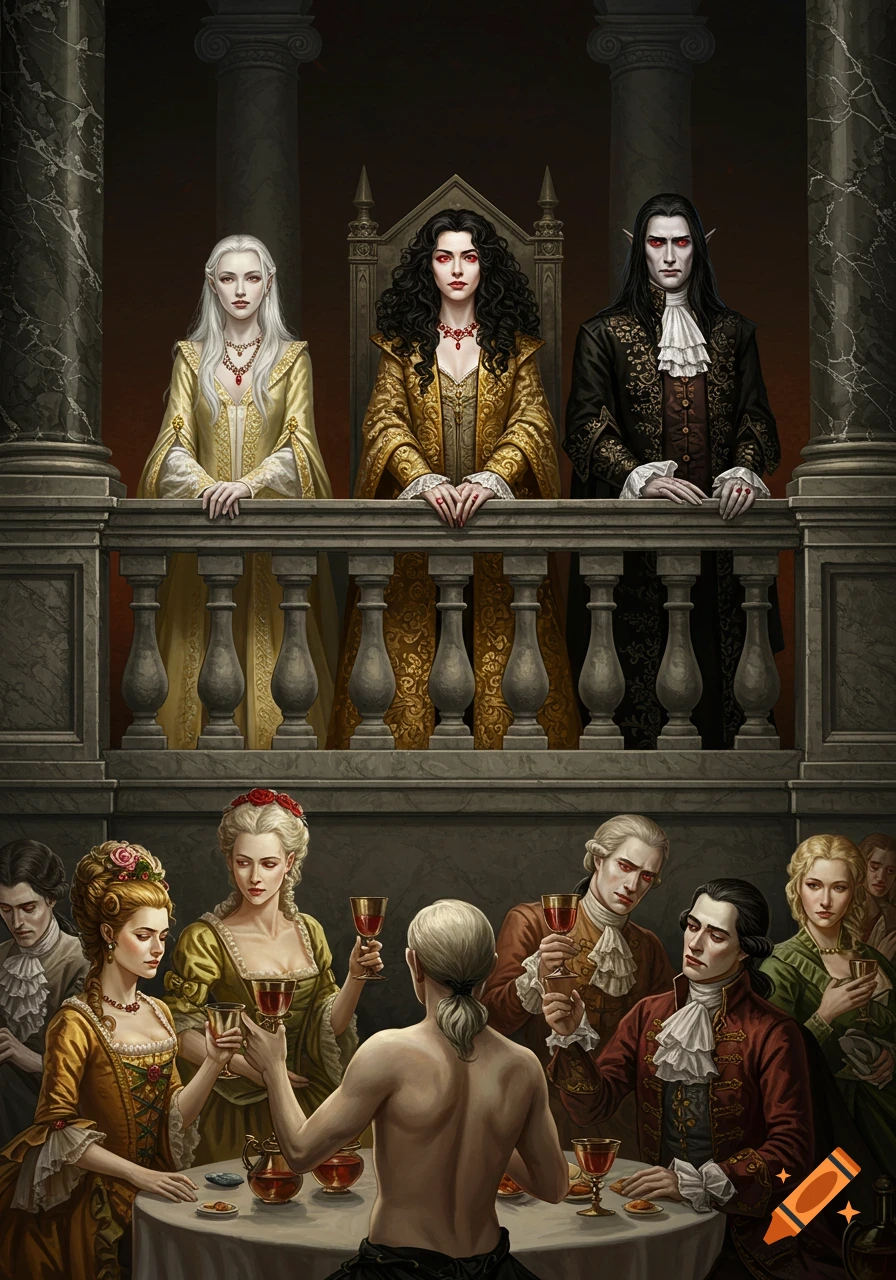 An oil painting in Baroque-Romantic style depicting a grand medieval scene. On a stone balcony, three aristocratic vampires (two women, one man) in regal attire stand. Below, a court of other vampire-like figures at a table toasts with goblets, including a bare-backed figure with light hair facing away from the viewer.