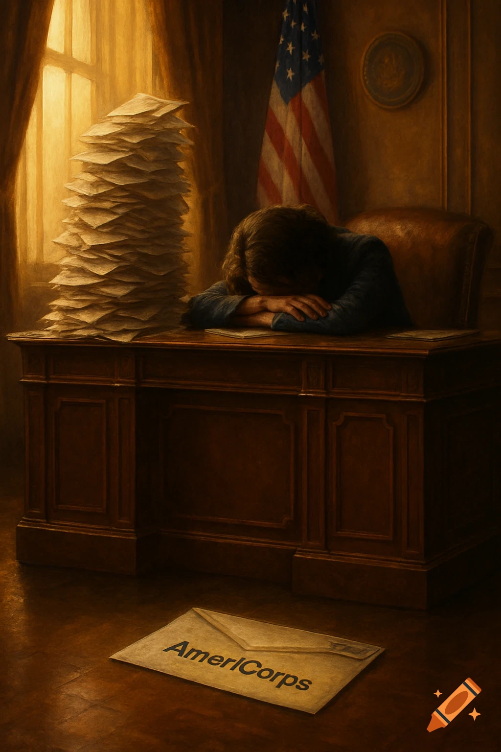 A person with head on desk, exhausted, next to a large stack of papers in an office with an American flag. An 'AmeriCorps' letter lies on the floor.