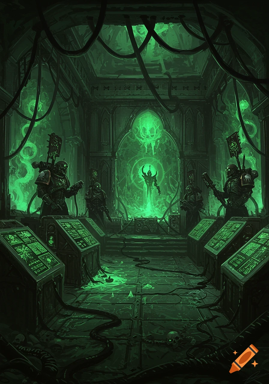 Dark, green-lit sci-fi chamber with armored figures, glowing energy, and computer consoles.