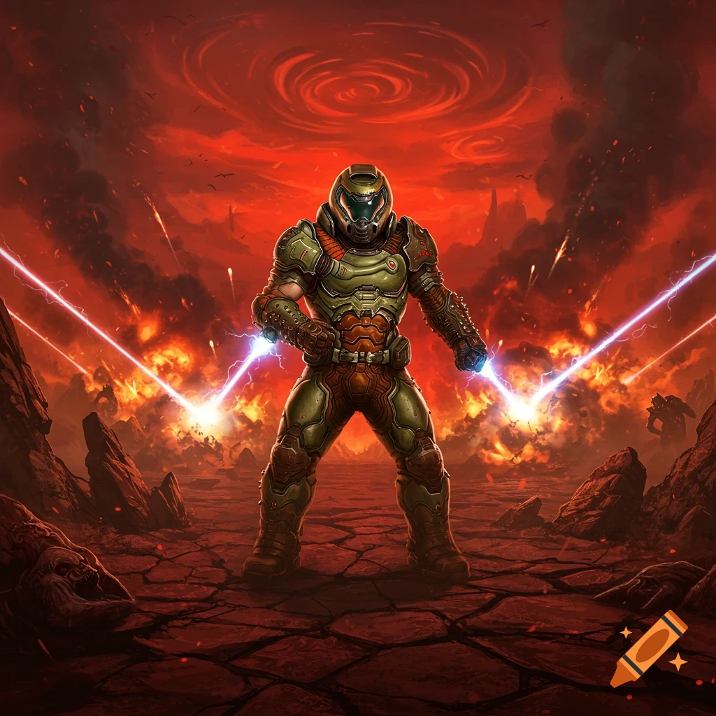 An armored Doom Slayer warrior stands amidst explosions and energy beams in a fiery, hellish landscape.