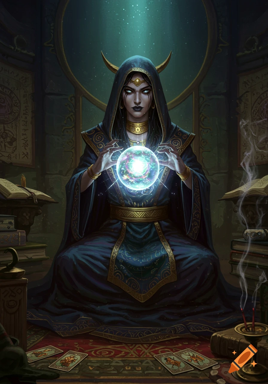 A hooded oracle with horns gazes into a glowing crystal ball in a dark, mystical chamber surrounded by books and tarot cards.