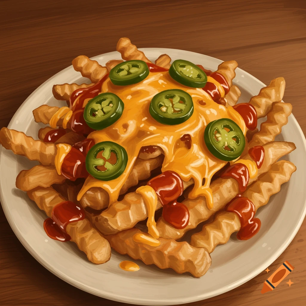 A plate of cheesy chili fries topped with sliced jalape ̃os.