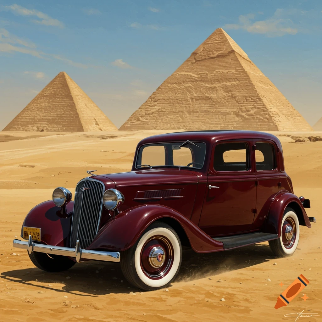 A vintage red sedan with whitewall tires sits on sand in front of two large pyramids under a blue sky.