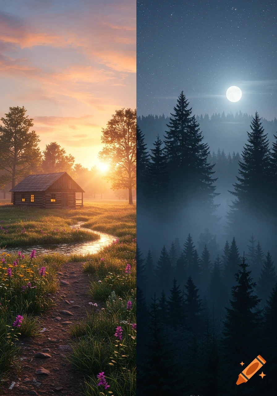 Split image of a rustic cabin in a sunlit meadow with a stream on the left, and a misty forest under a full moon on the right.