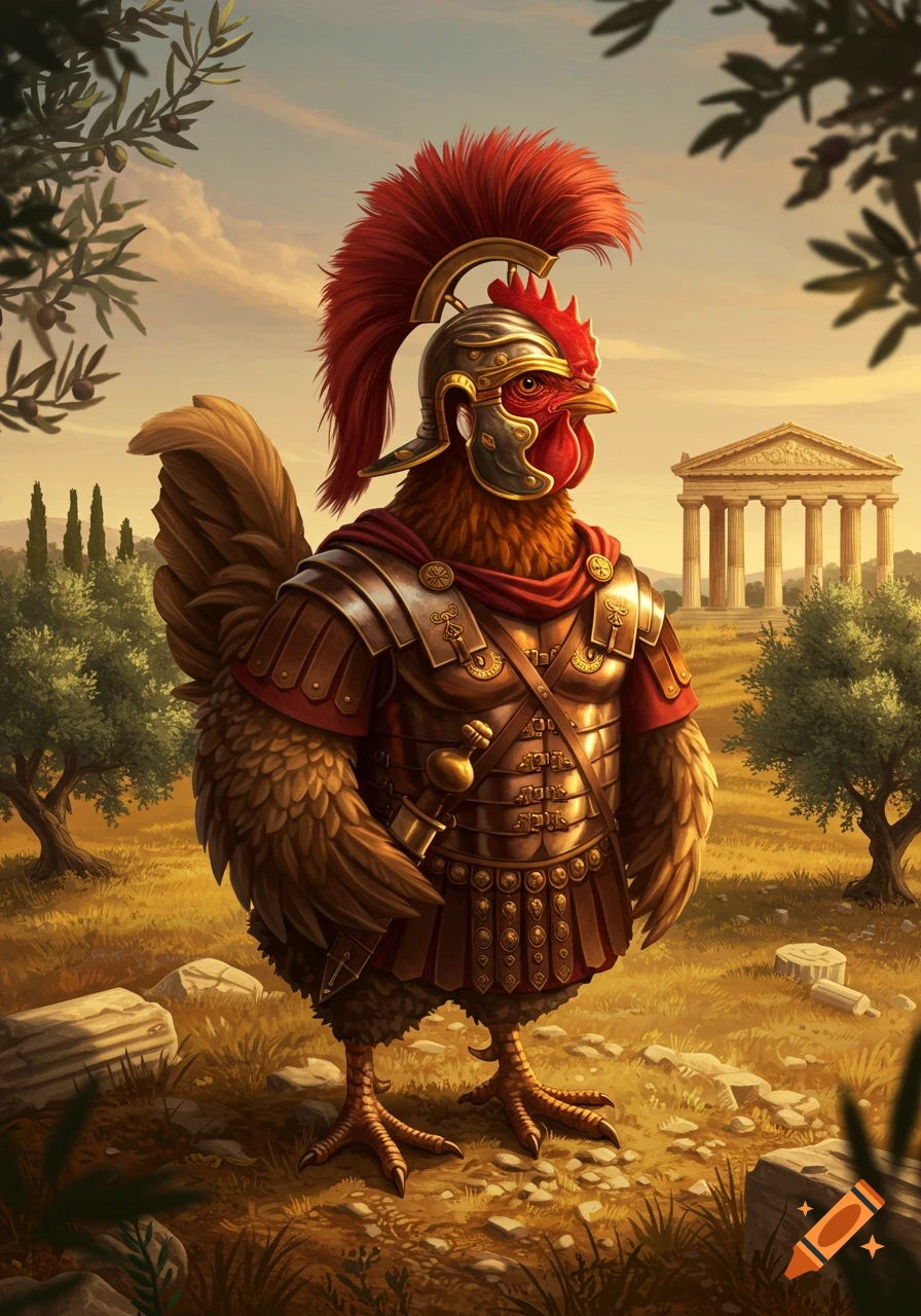 A rooster dressed in full Roman legionary armor stands in a sunlit ancient landscape with a classical temple in the background.
