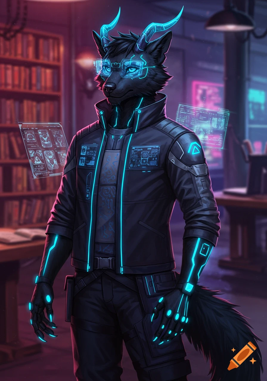A futuristic wolf-dragon hybrid fursona with cybernetic glowing blue lines and horns, wearing techwear, stands in a neon-lit sci-fi library.