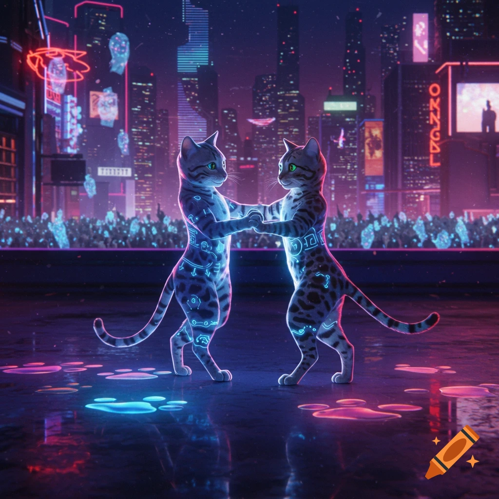 Two animated Bengal cats dance on a neon pawprint floor in a cyberpunk city with holographic fans.