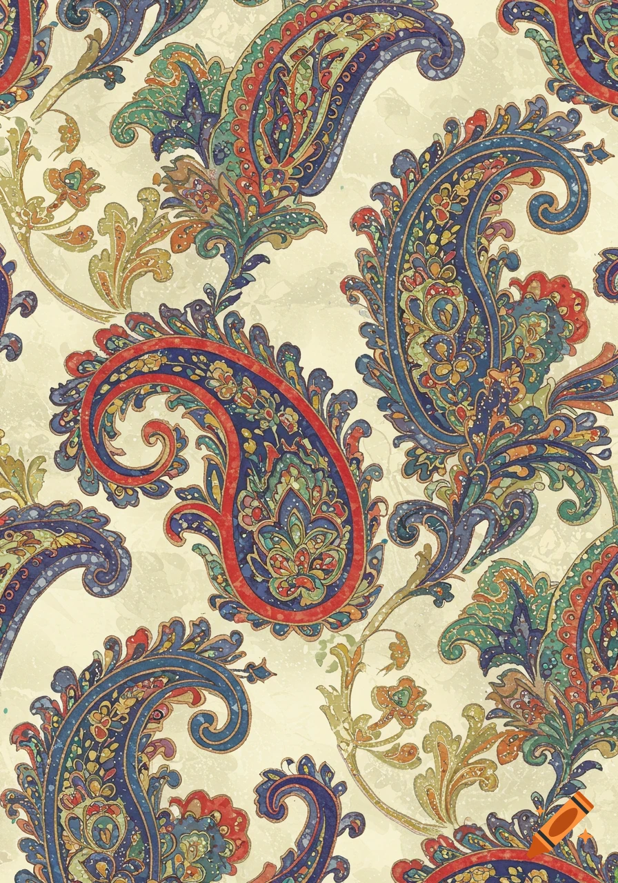 A vibrant and ornate repeating paisley pattern with blue, red, and green elements on a light textured background.